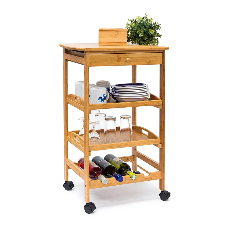 Relaxdays James Kitchen Cart Size: Large, Bamboo: 80.5 x 50 x 37 cm Serving Rolling Cart w/ Drawer & 2 Trays Rolling Wooden Kitchen Trolley W/ Storage Space For Plates & Wine Bottle Rack, Natural