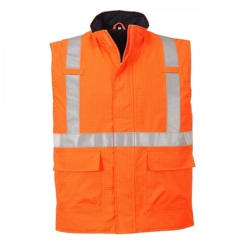 Portwest S776 Bizflame Rain Hi-Vis FR Bodywarmer Flame-Resistant Chemical-Resistant Anti-Static Waterproof Taped Seams Reflective Tape Quilted Lining Workwear, Orange, XXL