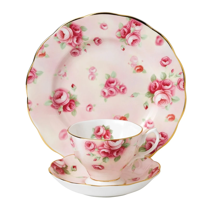 Royal Albert 100 Years 40017535 1980 Rose Blush Teacup, Saucer, Plate 20cm, 3 Piece Set Pink, Bone China, 200 milliliters