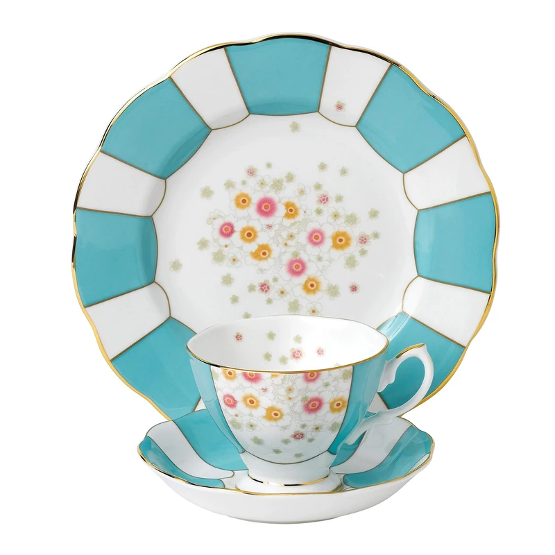Royal Albert 40017531 108 100 Years 1930 Mint Deco Teacup, Saucer, Plate 20cm, 3 Piece Set Turquoise, Bone China