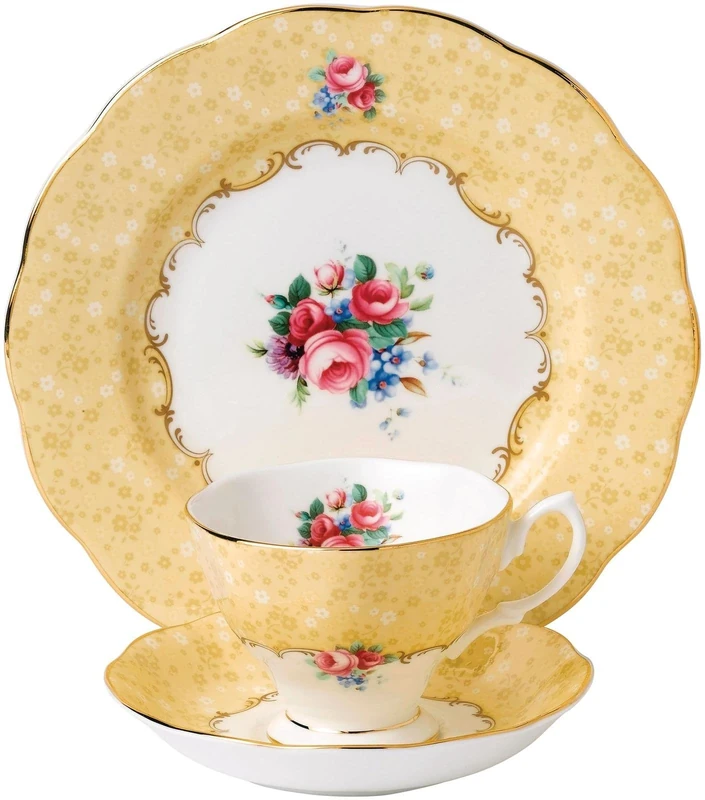 Royal Albert 100 Years 40017539 1990 Bouquet Teacup, Saucer & Plate 20cm 3 Piece Set Yellow, Bone China, 200 milliliters