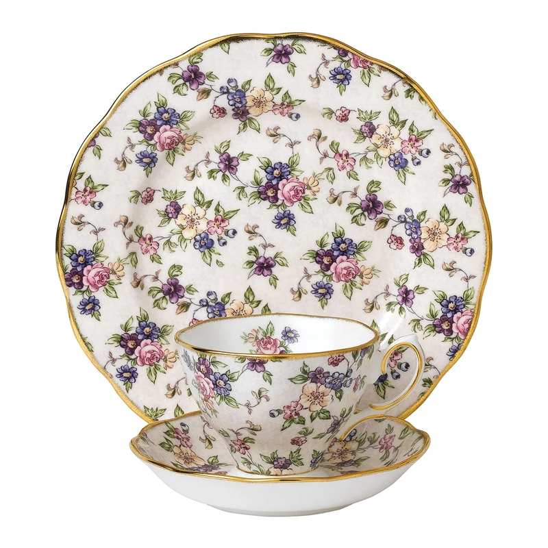 Royal Albert 40017568 100 Years 1940 English Chintz Teacup, Saucer, Plate 20cm, 3 Piece Set, White, Bone China