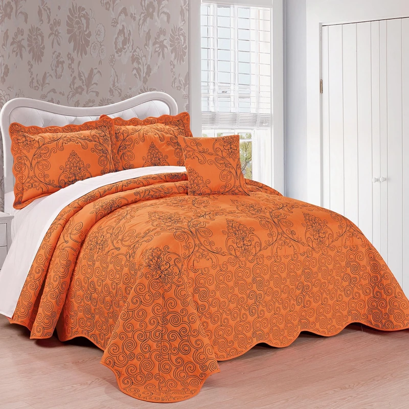 Home Soft Things Serenta Damask 4 Piece Bedspread Set, King, Nectarine