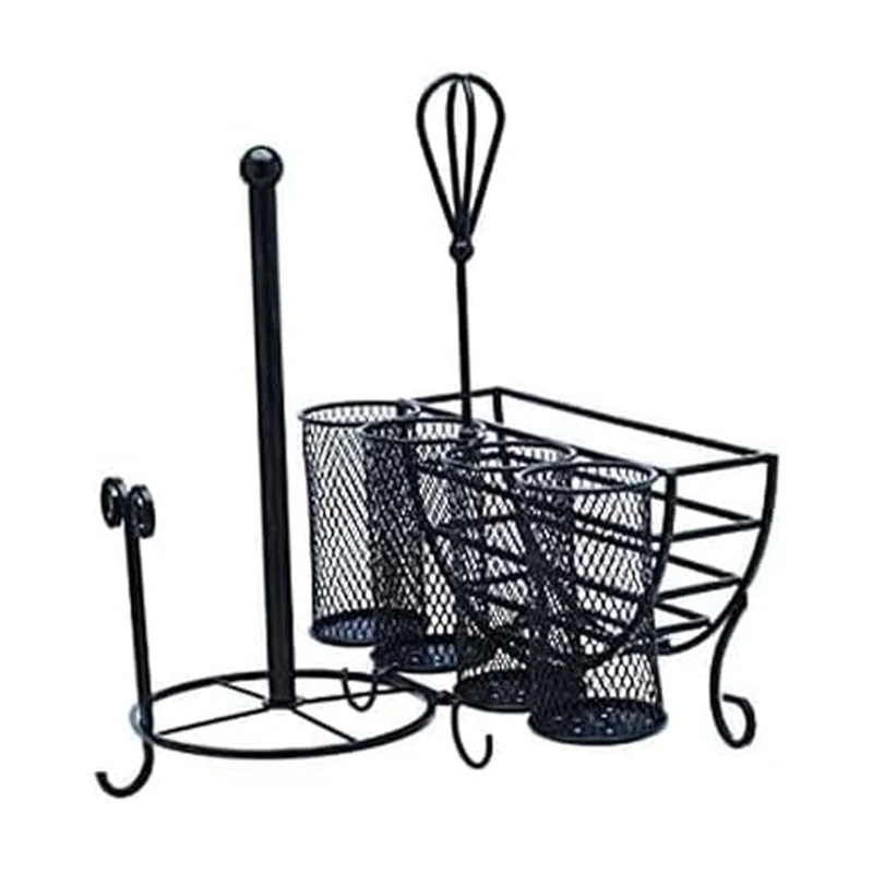 Gourmet Basics by Mikasa 5176813 Avilla Picnic Plate Napkin and Flatware Storage Caddy with Paper Towel Holder, Alloy Steel, Antique Black