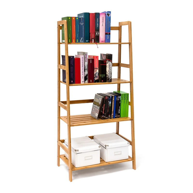 Relaxdays Bamboo Bookshelf Bookcase With 4 Shelves 120 x 57 x 31 cm Wooden Shelving Unit For Books In Ladder-Shape Standing Shelf With Protection On 4 Levels, For CDs DVDs Books, Natural