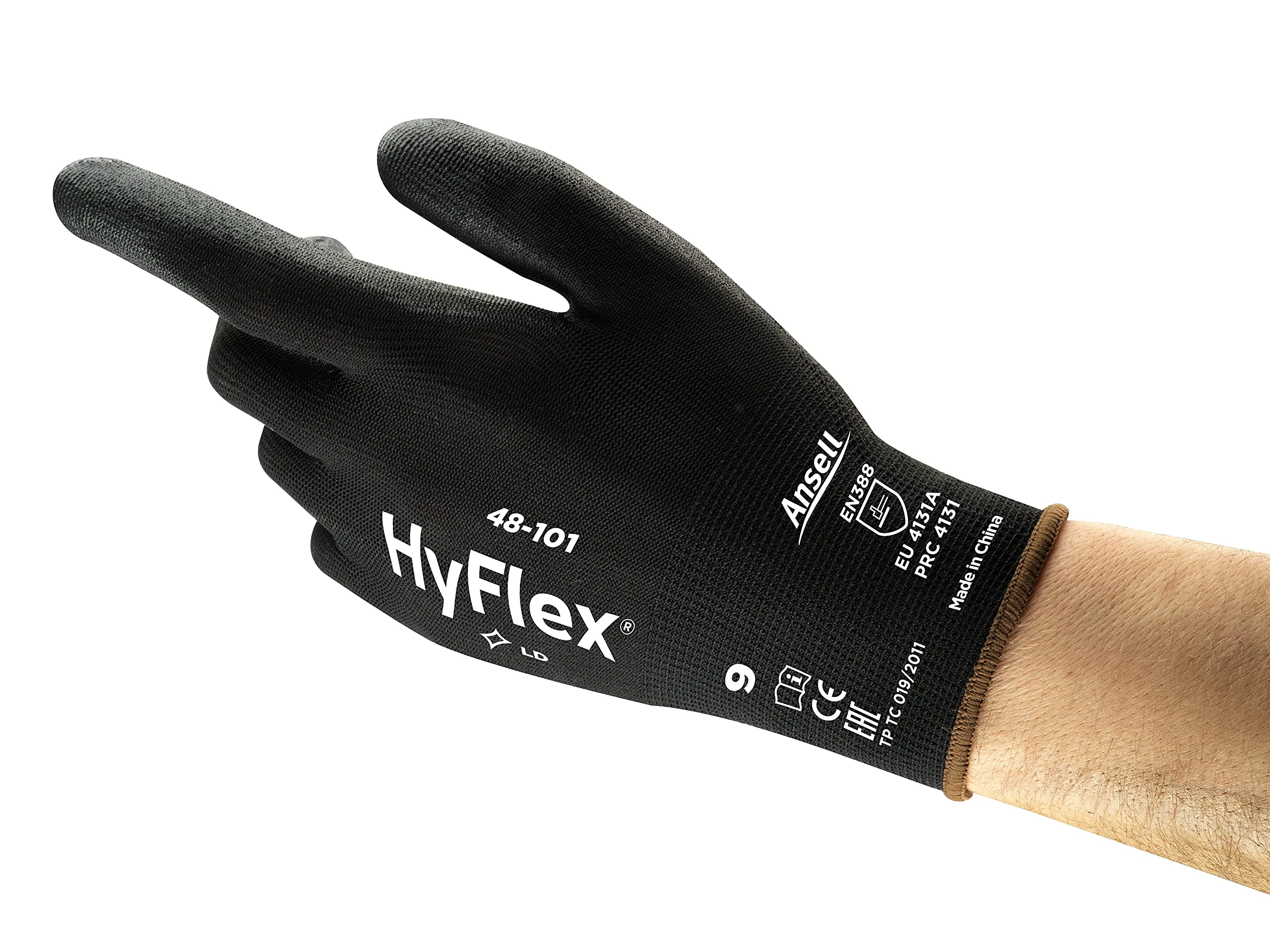 Ansell HyFlex 48-101 PPE Gloves, Lightweight PU Coated Protective Gloves, Durable Safety Gloves with Enhanced Tactility, Black Nylon Liner, Work Gloves Large for Precision Handling, 12 Pairs