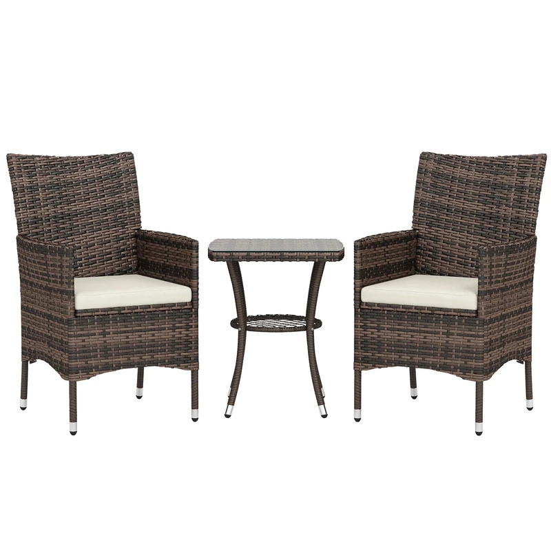 Outsunny 3 Pieces Rattan Bistro Set, Wicker Garden Furniture Set with 2-Tier Coffee Table and Chairs, Cushions, for Outdoor Patio Balcony, Brown - Image 1