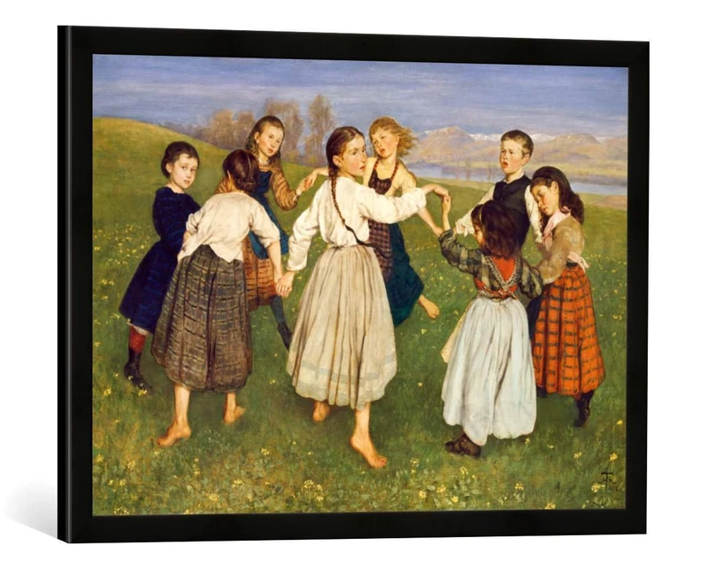 kunst für alle 'Framed Print of By Hans Thoma Dancing Children Art Print, In Handmade Picture Frame, 70 x 50 cm Matte Black - Image 1