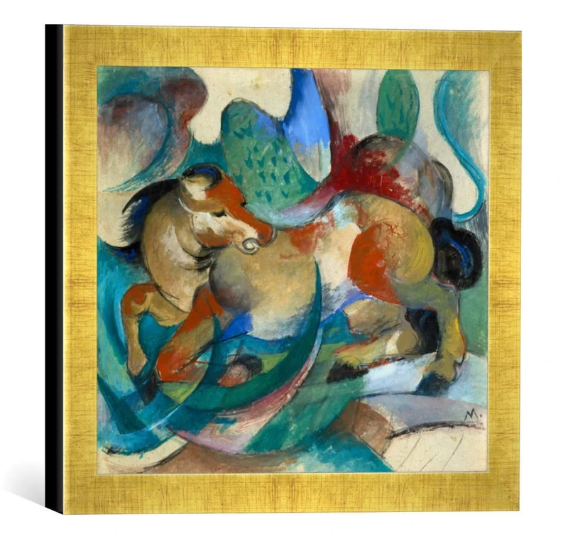 kunst für alle 'Framed Print of Jumping Horse by Franz Marc, Art Print, In Handmade Picture Frame, 30 x 30 cm gold Raya - Image 1