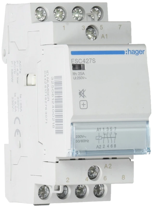 Hager ESC427S Silent Contactor, 25A, 2NA+2NC, 230 V