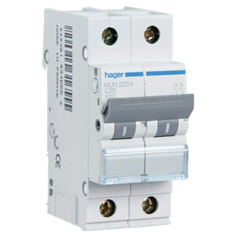 Hager MUN263A Automatic Magnetic Switch MU Series, 2P, 63A, C Curve, 6KA