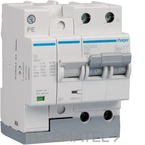 HAGER (AUT.+REST) MZ240G Protección combinada P+T, 2P, 6kA, 40A power type, Multicolor