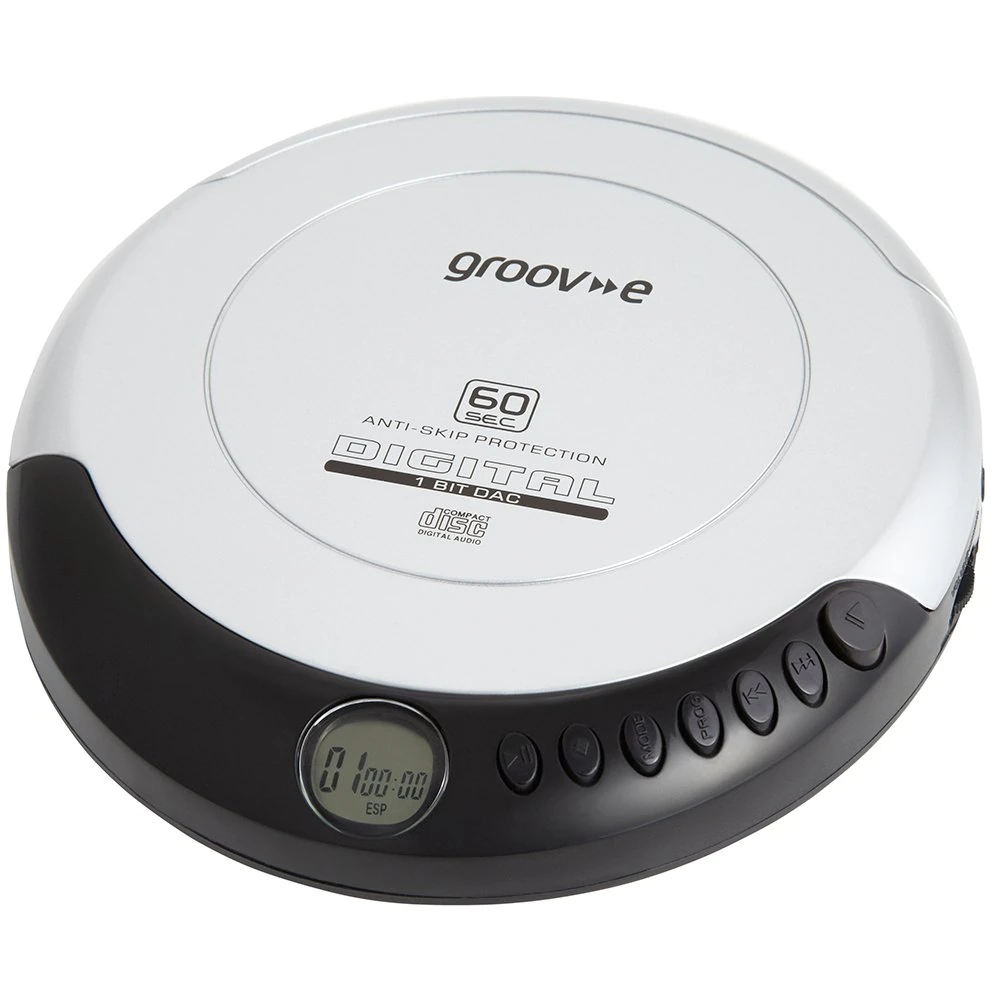 groov e RETRO Compact CD Player - Personal Music Player with CD-R & CD-RW Playback - Anti-Skip Protection, Programmable Tracks - Earphones Included - Micro-USB or Battery Powered - Silver