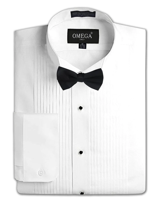 OmegaTux Mens Wing Collar Tuxedo Shirt, 1/4" Pleat & Convertible Cuffs - White - - Image 1