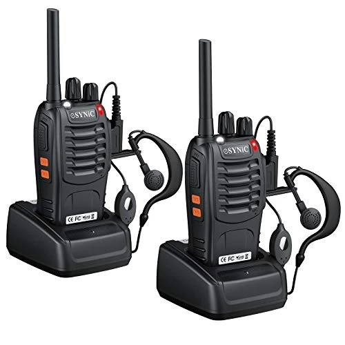 eSynic 2Pack VOX Radio Walkie Talkies With Earpieces & LED Light for Travel Work