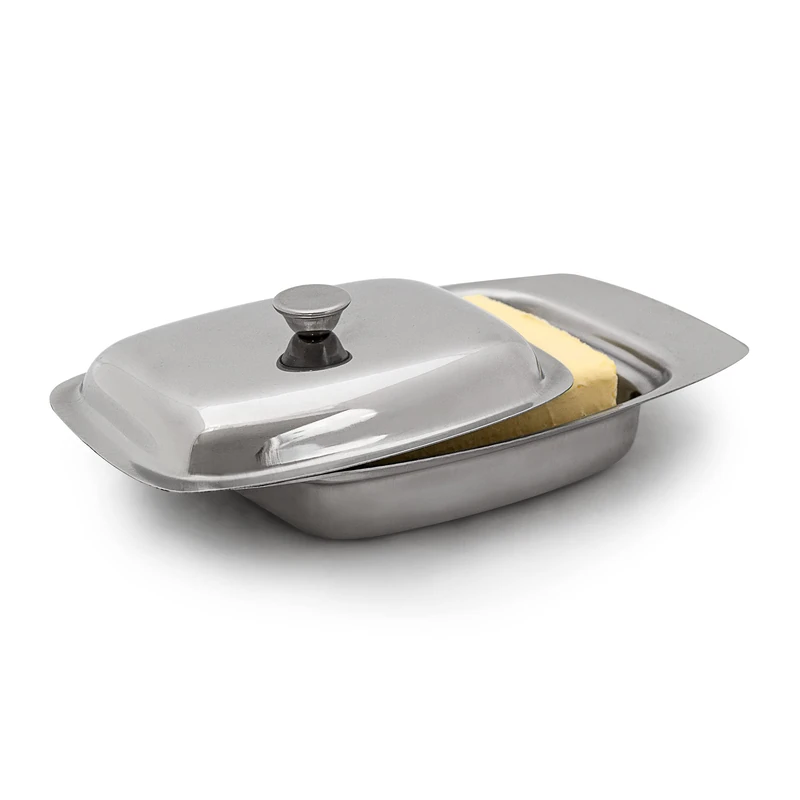 Relaxdays Butter Dish With Handle Knob 6 x 19.5 x 13 cm Butter Preserver Made Out Of Polished Metal For 250 g Butter Sticks, Or Serving Plate For Cheese, Silver