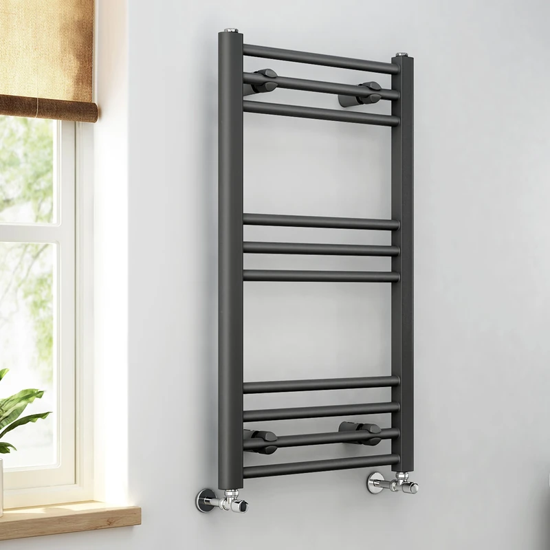 iBathUK Zypher Straight Wall Mounted Heated Towel Rail, 10 Column Steel High Thermal Output Hydronic Central Heating, Round Designer Towel Rail in Matt Anthracite, 800 × 450mm