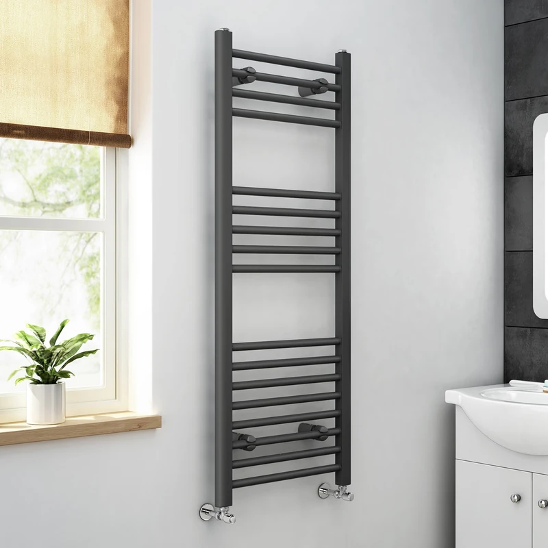 iBathUK Zypher Straight Wall Mounted Heated Towel Rail, 17 Column Steel High Thermal Output Hydronic Central Heating, Round Designer Towel Rail in Matt Anthracite, 1200 × 450mm