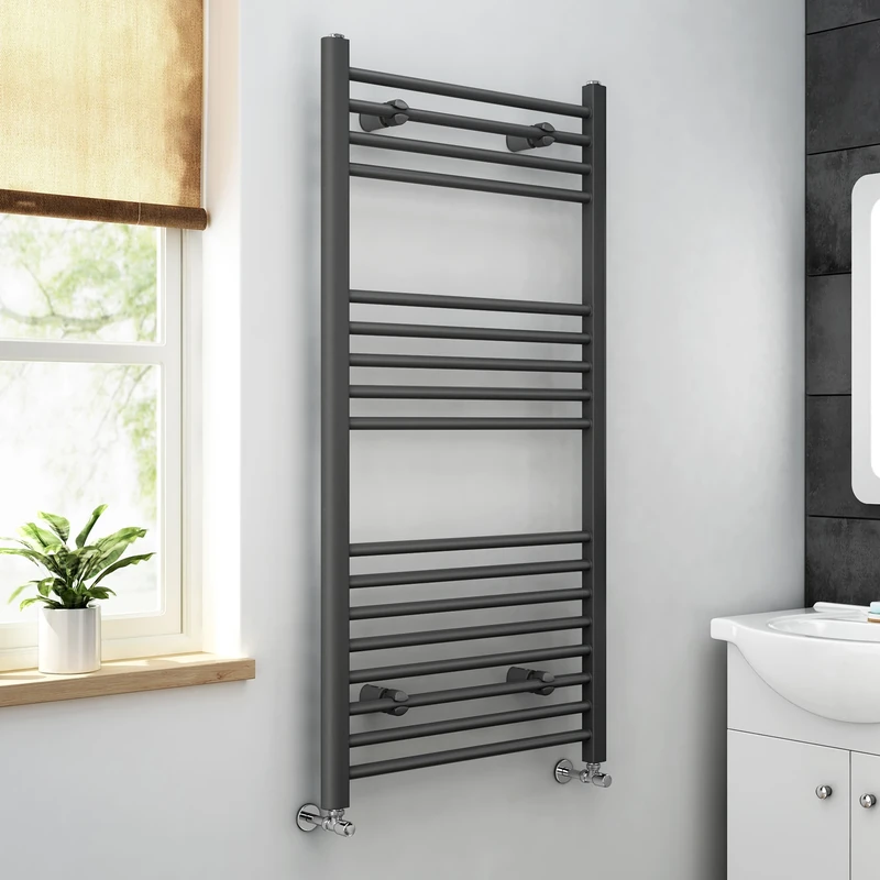 iBathUK Zypher Straight Wall Mounted Heated Towel Rail, 17 Column Steel High Thermal Output Hydronic Central Heating, Round Designer Towel Rail in Matt Anthracite, 1200 × 600mm - Image 1