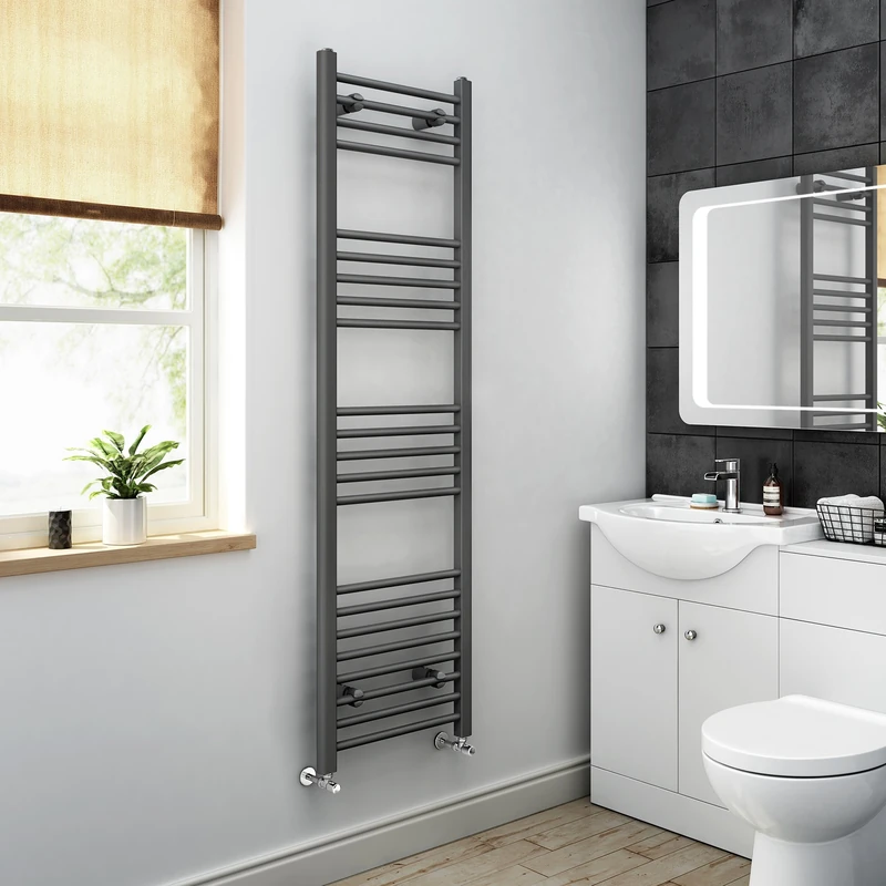 iBathUK Zypher Straight Wall Mounted Heated Towel Rail, 22 Column Steel High Thermal Output Hydronic Central Heating, Round Designer Towel Rail in Matt Anthracite, 1600×450mm
