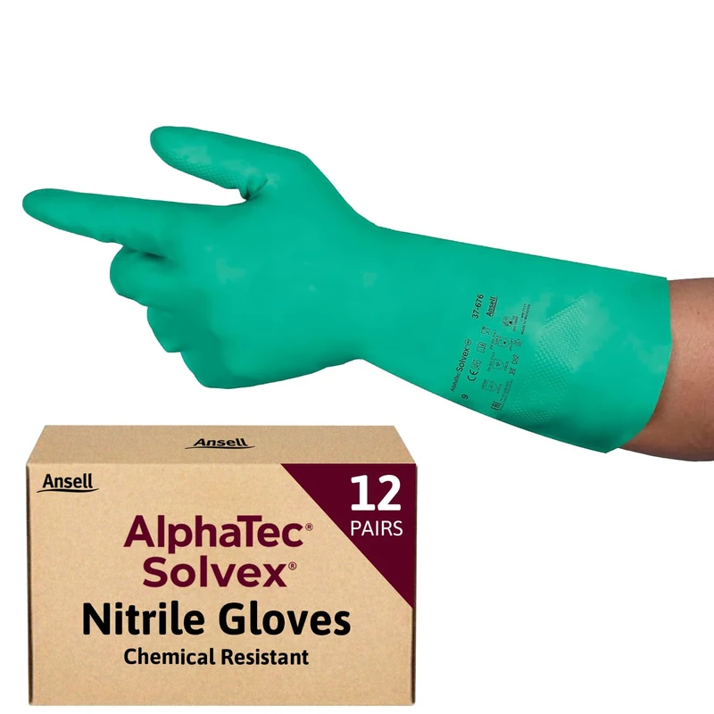 Ansell AlphaTec 37-675, Chemical Resistant Nitrile Gloves, Versatile Waterproof Work Gloves, Food Gloves & Cleaning Gloves with Superior Grip, Latex Free Gloves, Green Nitrile Gloves X-Small, 12 Pairs