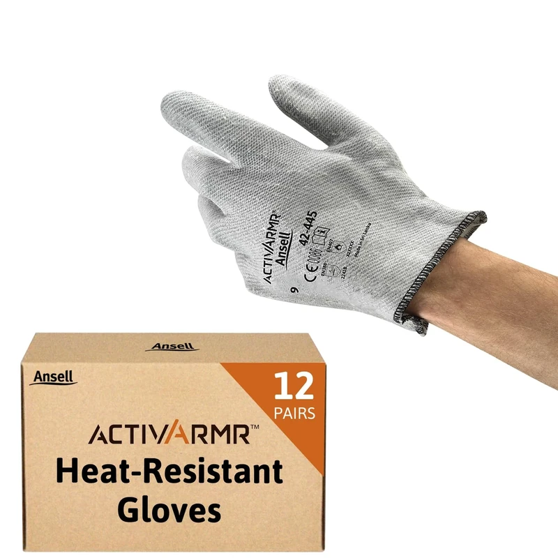 Ansell ActivArmr 42-445 Heat-Resistant Gloves, Special Purposes for Mechanics and Chemical Uses, Industrial Safety PPE Workwear, Professional Protection Gloves, Grey, Size L (12 Pairs)
