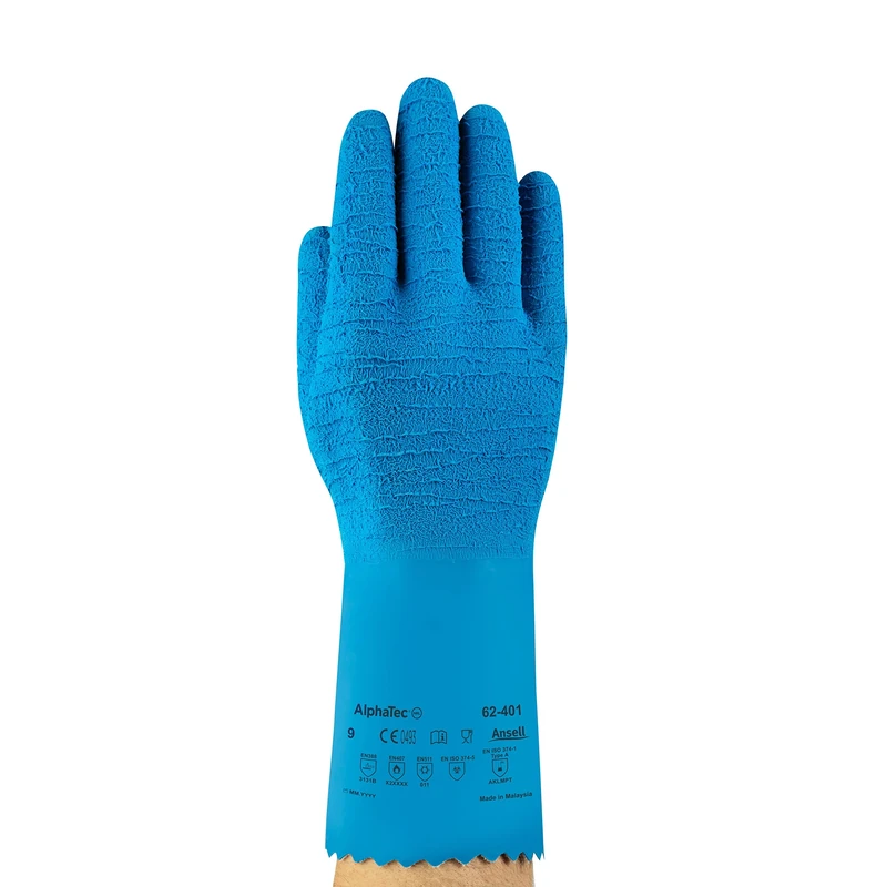 Ansell VersaTouch 62-401 Natural rubber latex gloves, chemical & liquid protection, Blue, Size 10 (Pack of 6 pairs)