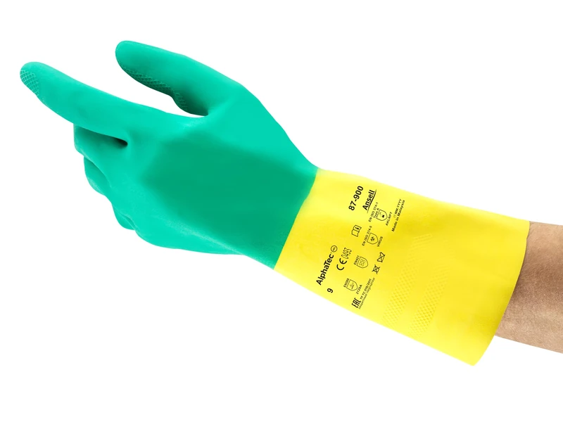 Ansell AlphaTec 87-900 Multi-Purpose Work Gloves, Chemical Resistant, Durable Design, Strong Grip, Cotton Flocked, Industrial Safety Glove in Latex, Men Women, Green, Size XL (12 Pairs)
