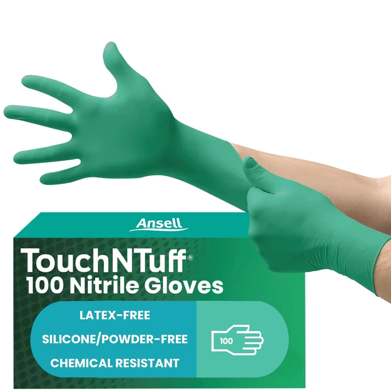 Ansell TouchNTuff 92-605 Disposable Nitrile Gloves, Powder-Free and Food Certified, High Chemical Resistance and Mechanical Protection, Green, Size S (100 Gloves)