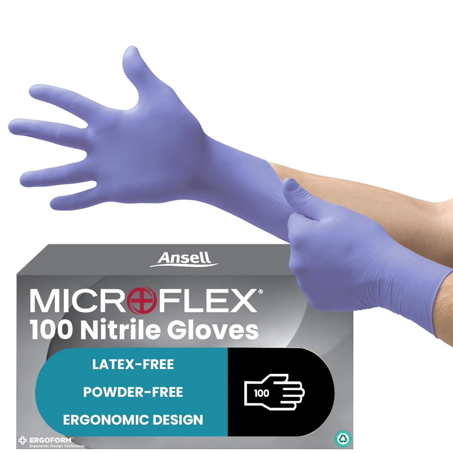 Ansell MicroFlex 93-843 Powder-Free Disposable Nitrile Gloves, Multipurpose, Chemical and Mechanical Protection, Blue, Size S (100 Pieces)