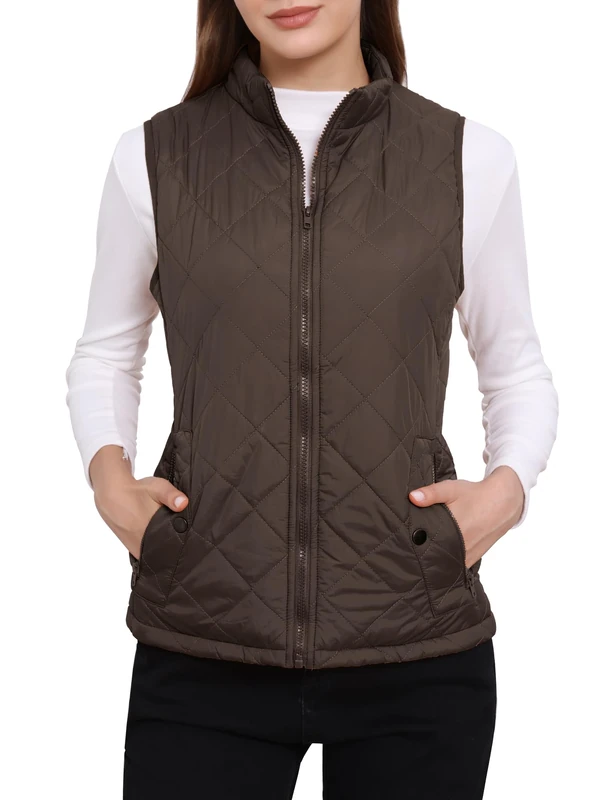 Allegra K Women's Body Warmer Stand Collar Lightweight Quilted Zip Jacket Gilet Brown L