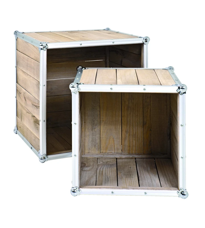 HAKU Möbel Set of 2 End Tables Alu, Pine, Aluminum, Solid Wood - Size: W 37/47 cm X H 35/40 cm X D 47/47 cm, Style: Industrial