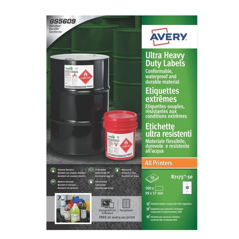 Avery B7173-50 Extra Strong Adhesive, Ultra Heavy Duty Industrial Waterproof GHS Labels, 10 Labels Per A4 Sheet, White