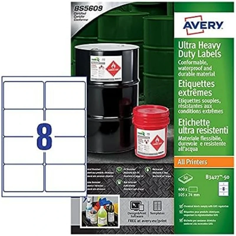 Avery Ultra Heavy Duty Industrial Waterproof Labels, 105 x 74 mm A4, Extremely Strong Adhesive, idea for Difficult Surfaces, Printable and Suitable for Outdoor use. 8 Labels per A4 Blank White Sheet