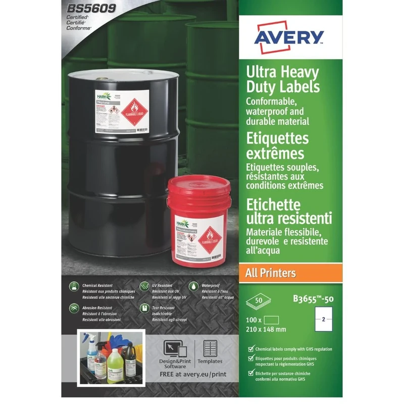 Avery B3655-50 (210 x 148.5mm) Extra Strong Adhesive, Ultra Heavy Duty Industrial Waterproof GHS Labels, 2 Labels Per A4 Sheet