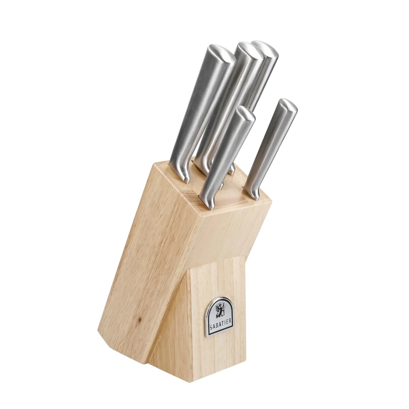 Sabatier Classic Professional 8-inch Chef Knife and 5-Piece Knife Block Set: Chef, Bread, Slicer, Utility, Parer Knives, Premium Steel, Rubberwood Block, Silver