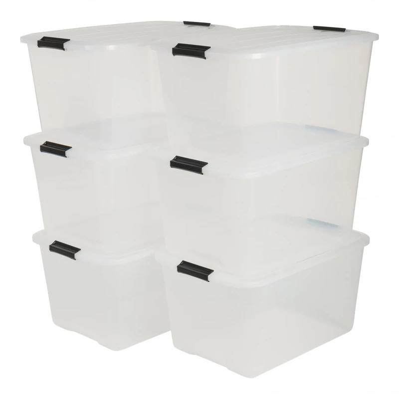 Iris Ohyama, Set of 6, Storage boxes, 45 L, with snap closure, stackable, living room, bedroom, garage - Top Box TB-45 - Transparent