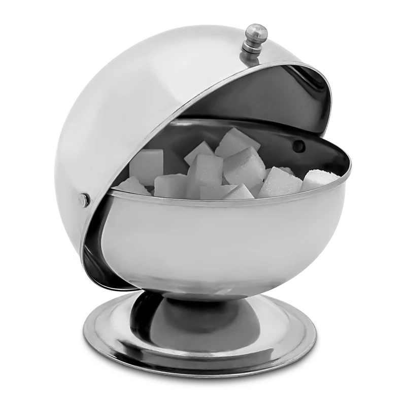Relaxdays Sweety Basin with Rolling Lid 14 x 13 x 13 cm Bowl Stainless Steel for Sugar Cubes, Sweets Round Shaped Food Storage with Handle Candy Box, Silver, 13 x 13 x 14 cm