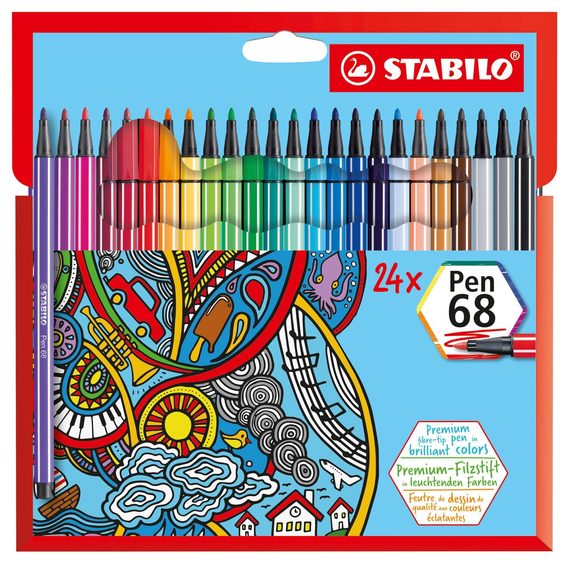 STABILO Premium Fibre-Tip Pen Pen 68 - Pack of 24 - Assorted Colours