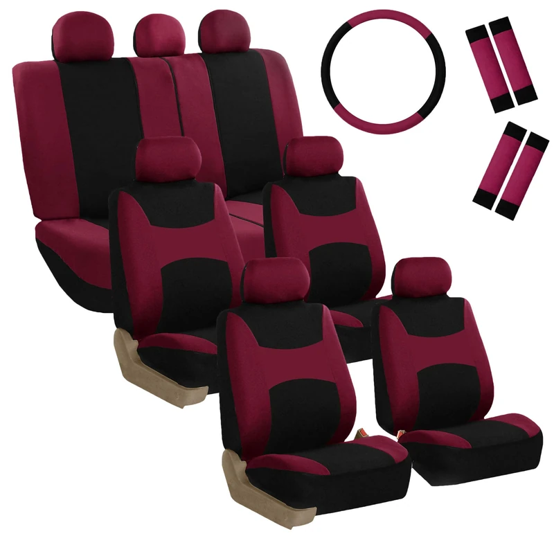 FH GROUP Light & Breezy Cloth Car Seat Covers Three Row Set- Airbag & Split Ready -Universal for Cars Trucks and SUVs (Burgundy/Black)