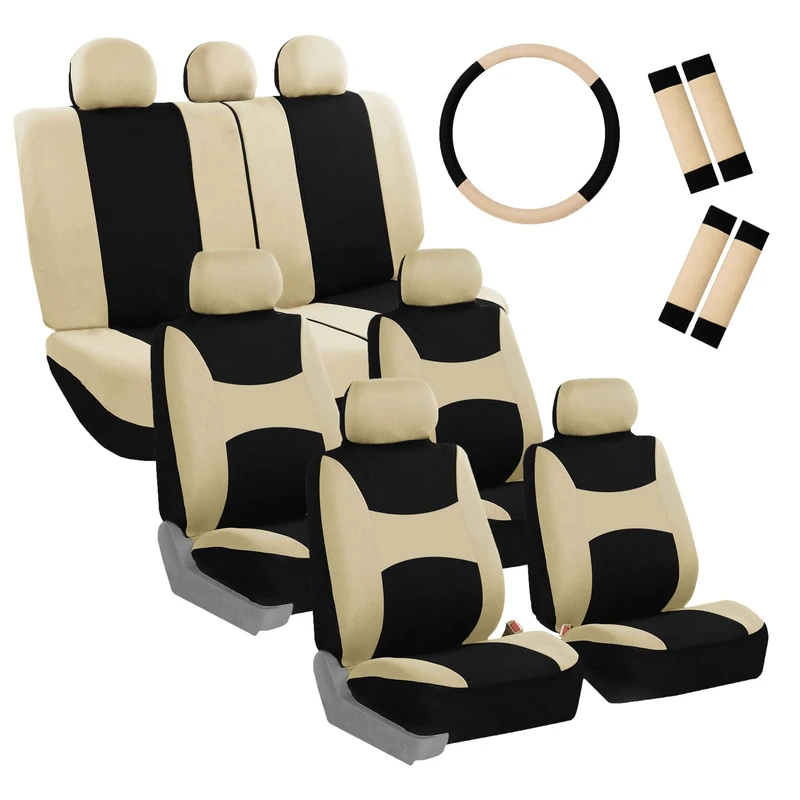 FH Group Light & Breezy Cloth Car Seat Covers, 7 Seater Three Row Set- Airbag & Split Ready -Universal for Cars Trucks and SUVs Beige/Black