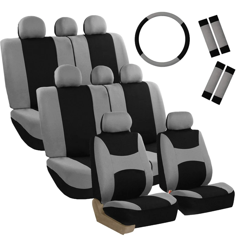 FH GROUP Light & Breezy Cloth Car Seat Covers Three Row Set- Airbag & Split Ready -Universal for Cars Trucks and SUVs (Gray/Black)