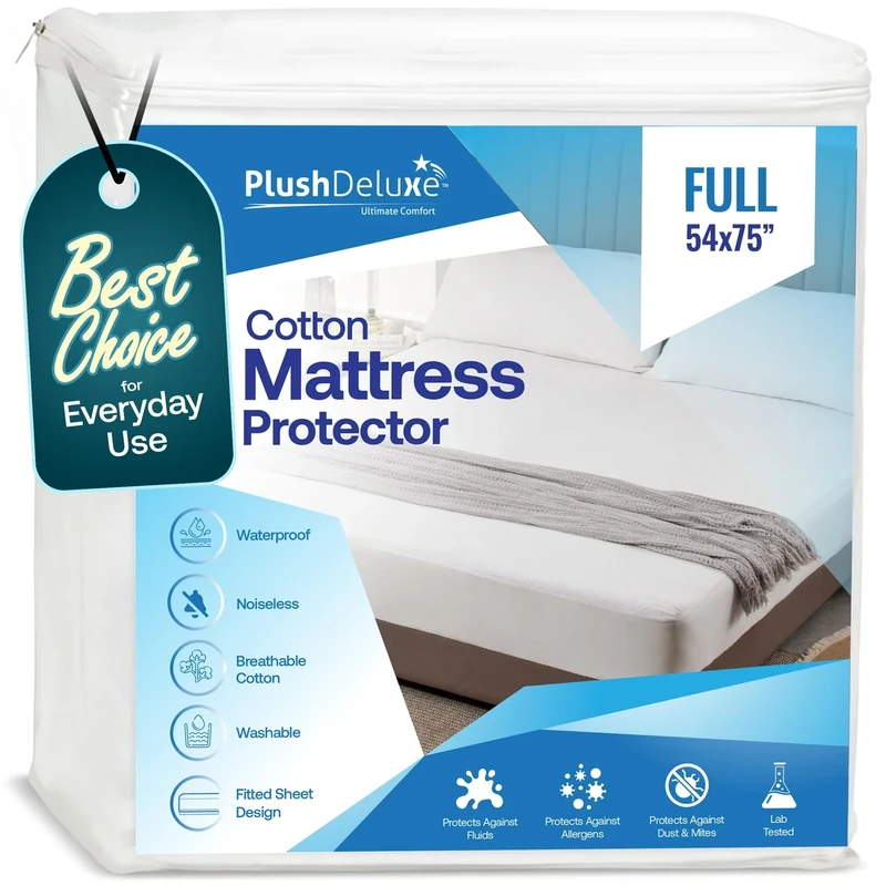 PlushDeluxe Mattress Protector, Waterproof & Hypoallergenic Mattress Cover, Breathable & Without Vinyl Soft Cotton Terry Surface, Full