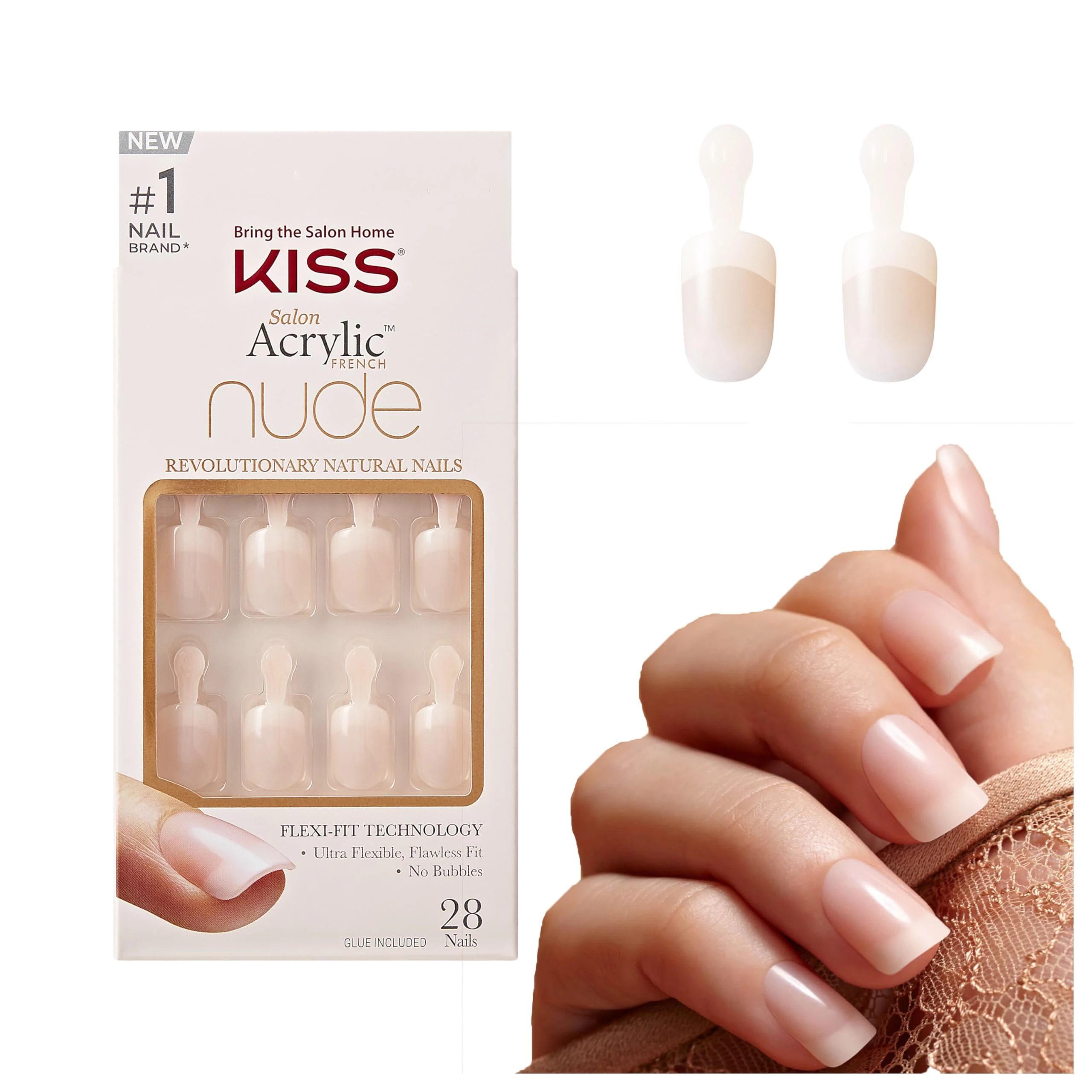 KISS Salon Acrylic French Nude Collection, Breathtaking, Real Short Length Nude Fake Nails, Includes 28 False Nails, Nail Glue, Nail File, and Manicure Stick