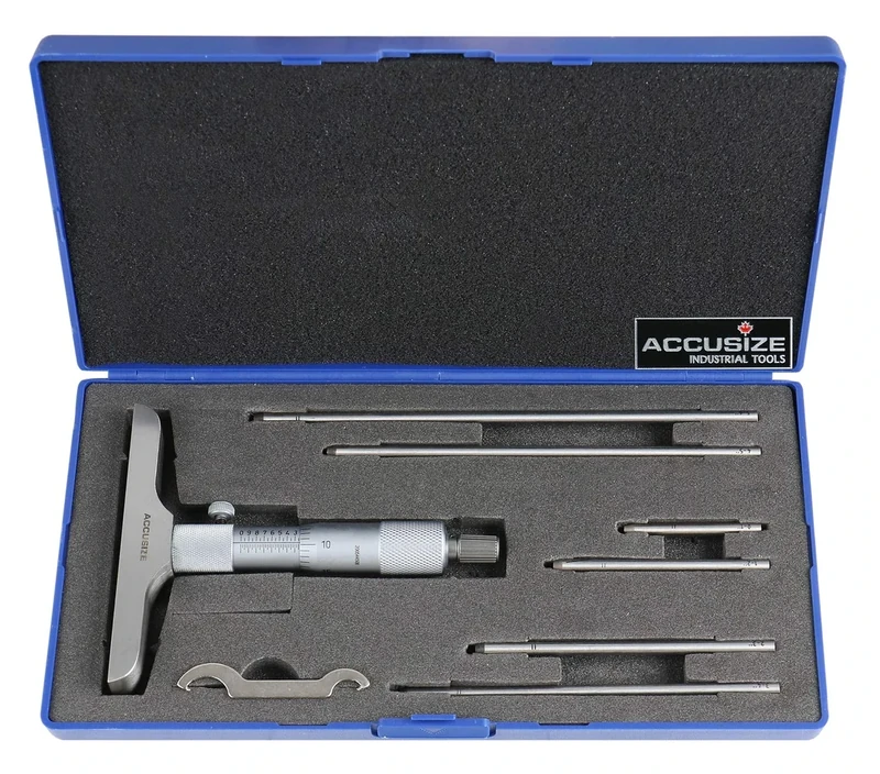 Accusize - 6" Depth Micrometers, Base Depth 4", With 6 Rods in Fitted Box, #2025-4201