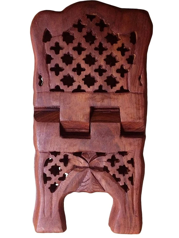 Khandekar (with device of K) Wooden Book Stand, Jali Design Book Holder, Use to read Religious Books, Hand Carved Holy Folding Book Stand, Wooden Book Shelf, Holy Bible Reading Book Stand, 12 Inch - Image 1