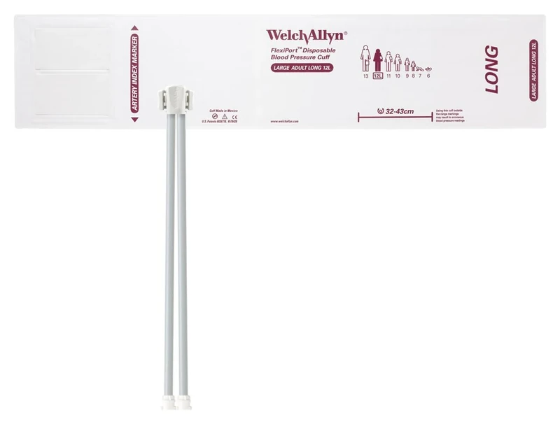 Welch Allyn SOFT-12L-2MQ-1 FlexiPort Cuff, Large Adult Long, Disposable, Soft, Two-Tube, Locking (Pack of 20)