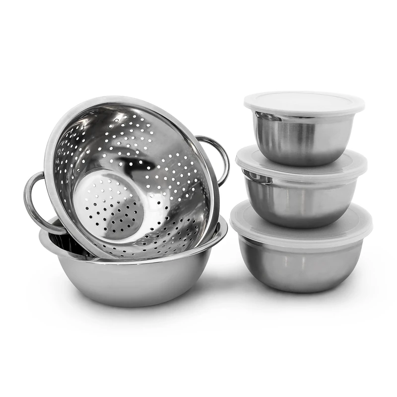 Relaxdays Stainless Steel Bowl Set of 5 Pieces Diameter 14, 16, 18, 24 cm, Mixing Bowls In Different Sizes Salad Bowl With Keep-Fresh Lid Incl. Colander Serving Bowl Set, Silver