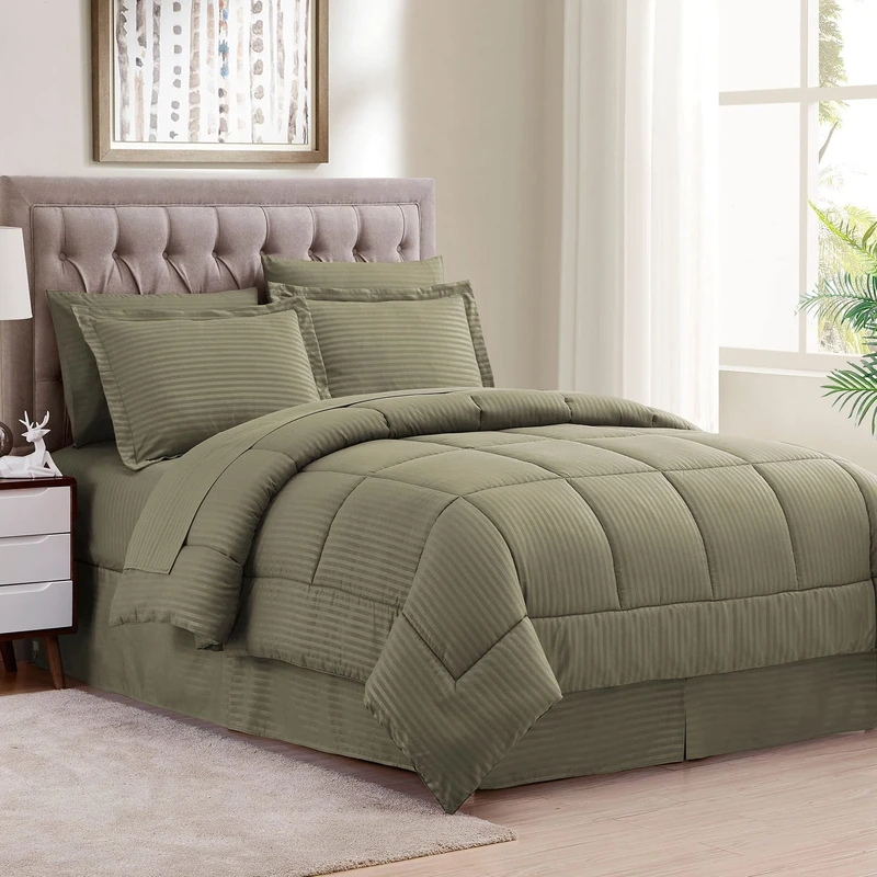 Sweet Home Collection 2 Pillowcases & 2 Shams & Bed Skirt All Season Warmth, Fine Double Brushed Microfiber/100% Fiber Fill, Dobby Sage, Queen