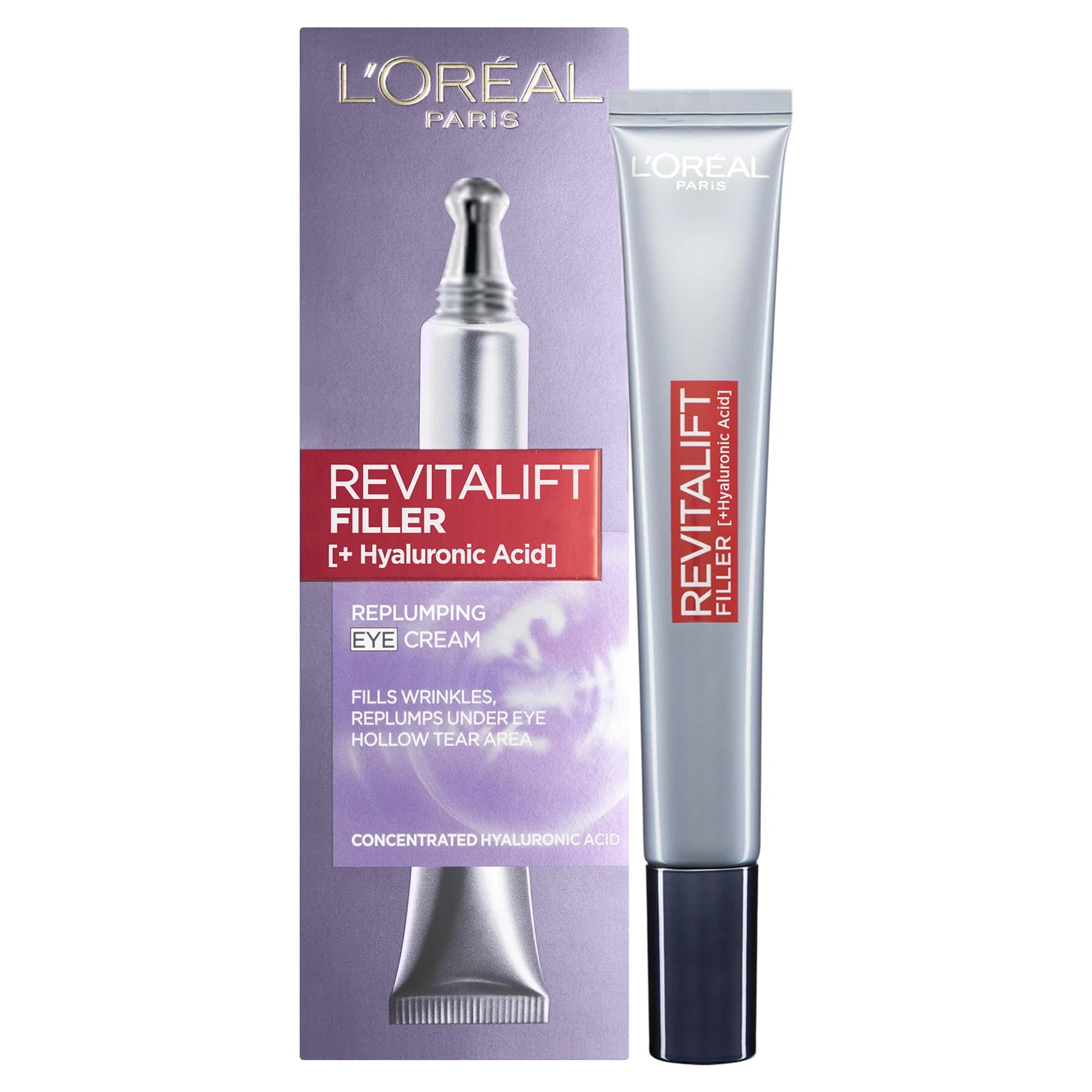 L’Oréal Paris Revitalift Filler Replumping Anti-Ageing Eye Cream, Formulated for eye-area, Moisturiser Targets Deep Wrinkles & Replumps Under-Eye Area, Formulated with Hyaluronic Acid, 15ml